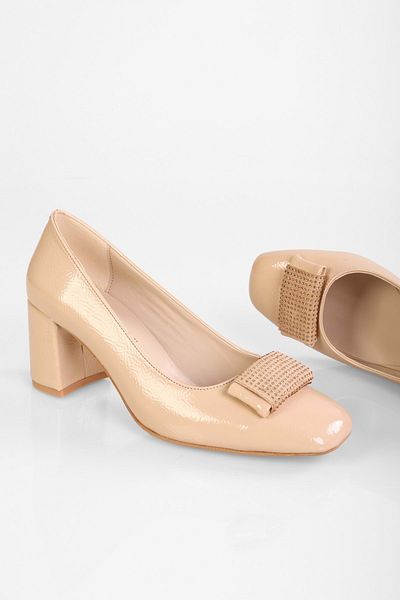 Shoeberry Women's Talina Nude Patent Leather Buckle Heeled Shoes
