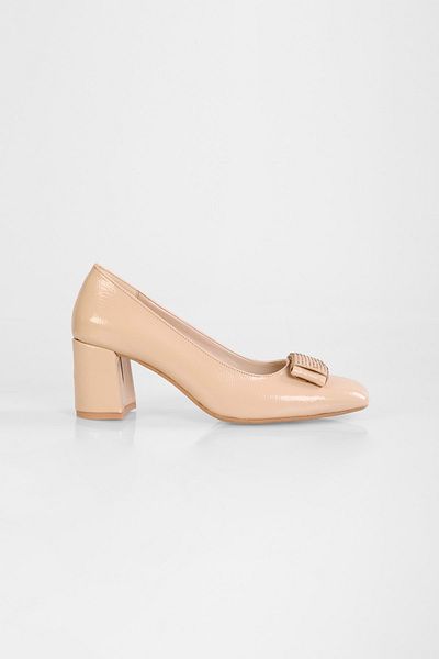 Shoeberry Women's Talina Nude Patent Leather Buckle Heeled Shoes