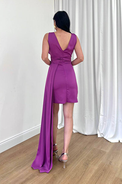 Ortaya Çık Fuchsia Low-cut Pendant Draped Mini Dress