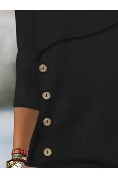 Moka Shopin Women's Long Sleeve Geometric Collar Detail Side Buttoned Micro Blouse
