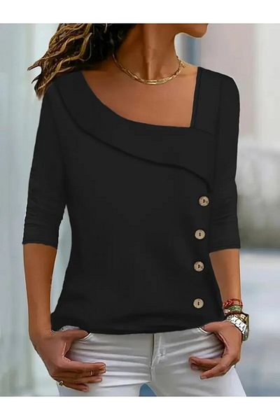 Moka Shopin Women's Long Sleeve Geometric Collar Detail Side Buttoned Micro Blouse