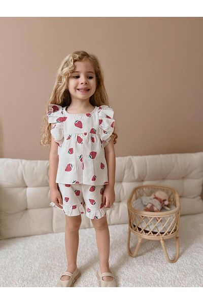 YİGİT BUTİK Yigit Boutique Fruit Printed Girl's Suit with Shorts