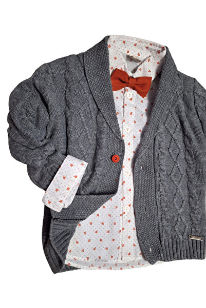 Bebüş Çaren Kids Boy's 3-Piece Set - Shawl Collar Knitwear Cardigan, Patterned Long Sleeve Shirt, Bow Tie and Trousers