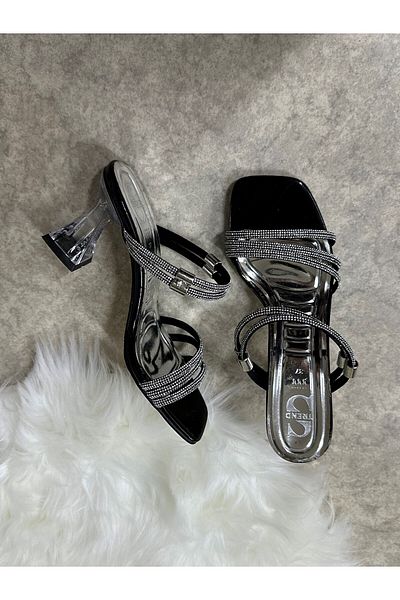 İmerShoes Daily Women's Black Jewelled Slippers Hologram Thick Transparent Heel Three-Band Evening Dress Sandals 6100