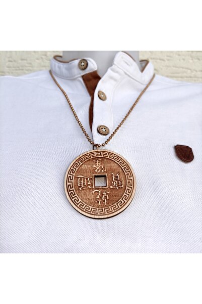 Market66 Çin Feng Shui Büyük Şans Parası Delik Ahşap Kolye Ucu Kabartmalı El Yapımı Tahta 5.5 cm