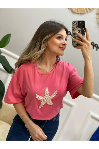 MADAME MELEK Tricou de bază cu detaliu de perle de stea de mare verde fistic