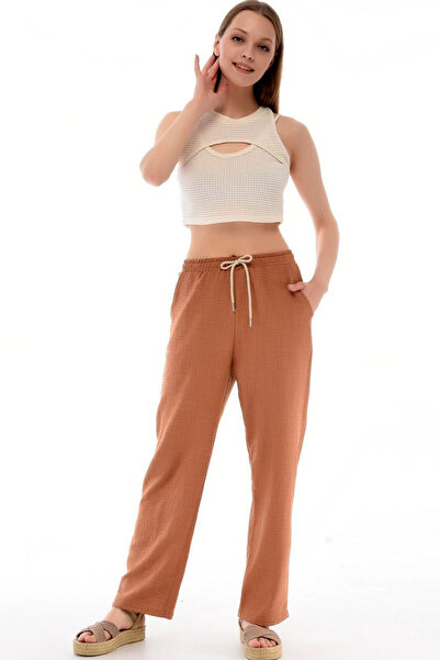 MissKybele Beli Lastikli Kordon Büzgülü Yüksek Bel Boru Paça Rahat Kesim Sent...