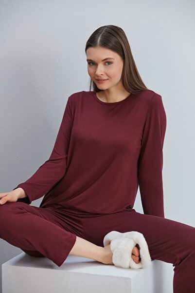 ÇAĞ MODA Viskon Örme Bisiklet Yaka Uzun Kol Kadın Pijama Takımı