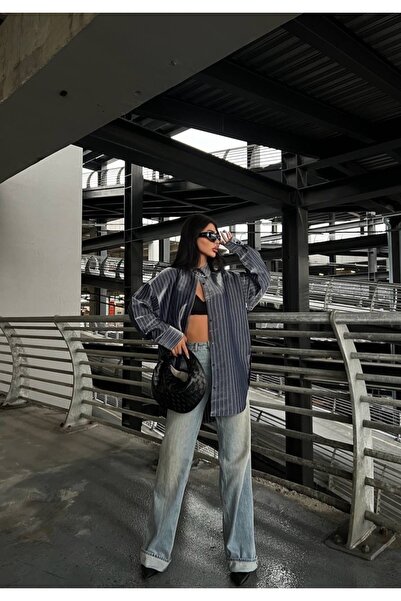 LB Laluna Butik Women's Striped Gilded Side Slit Shirt