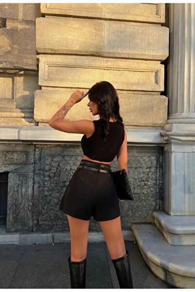 LB Laluna Butik Fustă mini scurtă plisată cu curea dublă de damă