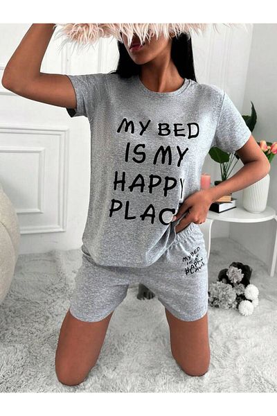 AMMA Women's Gray My Bed Is My Happy Place Printed Top and Bottom T-Shirt Shorts Set