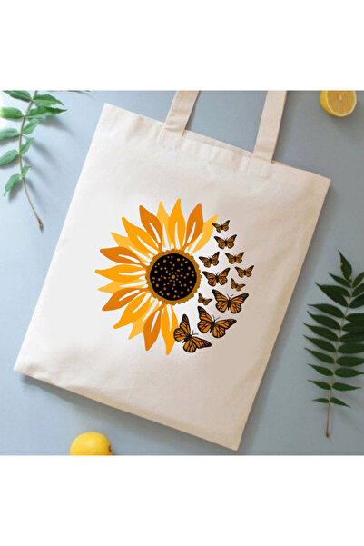Cemira Papatya ve Kelebek, Daisy and Butterfly Çiçek Tote Bag Bez Çanta