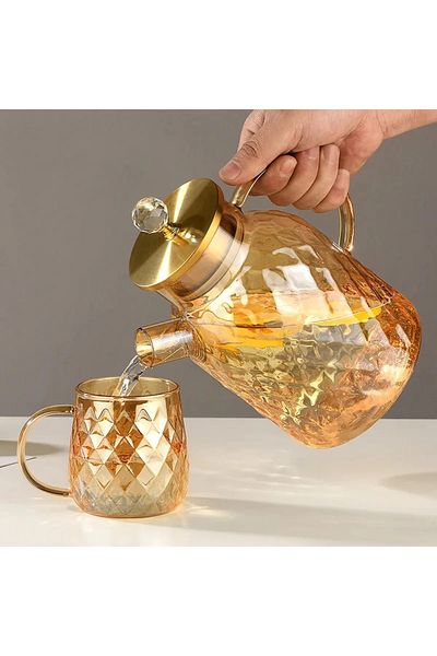 Senin Dükkanın Borosilicate Glass Amber Authentic Patterned Glass Teapot & Jug 1500 Ml & 2 Amber Mug 330 Ml