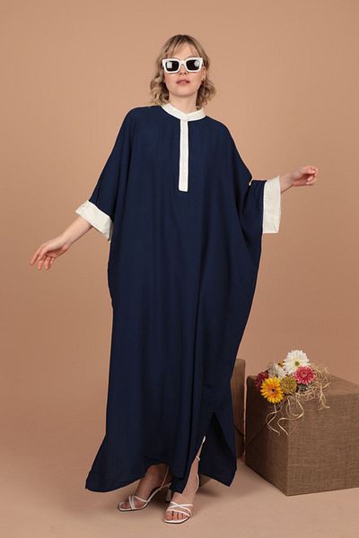 RICHMOST Women's Long Sleeve Viscose Fabric Dress with Flower Embroidery Detail on the Back Navy Blue Summer / Spring