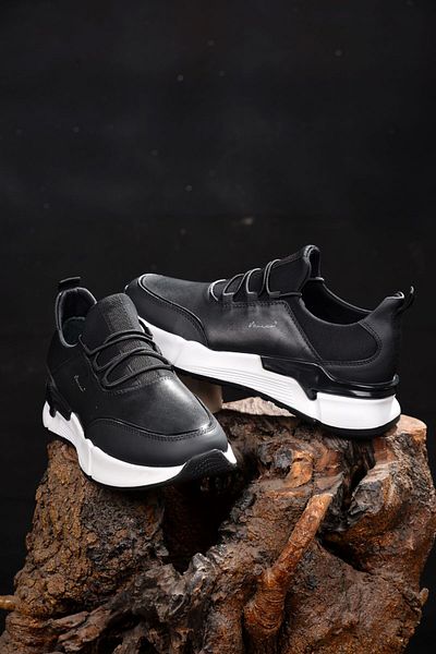 MARCOMEN Men's Summer 100% Genuine Leather Black Sneakers with Innovative Style Elegance and Comfort Thick Sole
