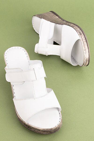 Gondol Hakiki Deri Dolgu Topuklı Yumuşak Taban Rahat Terlik Irm.15