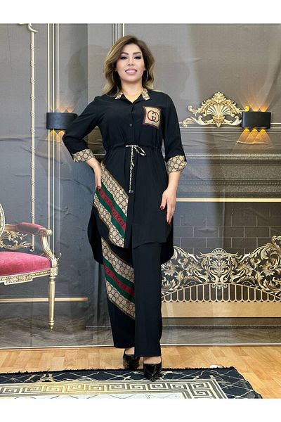 Yeşilmoda suit crepe fabric with tunic and pants high quality black