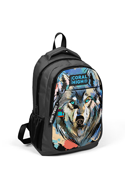 Coral High Kids Gri Siyah Kurt Desenli Üç Bölmeli Usb'li Okul Sırt Çantası 24317