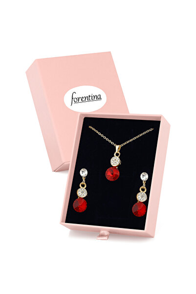 Forentina Altın Kaplama Kırmızı Taşlı Kolye Küpe Pembe Kutuda Hediye Takı Set...