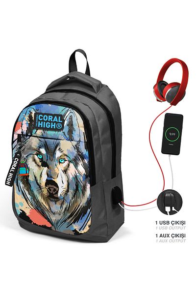 Coral High Rucsac pentru școală USB cu trei compartimente, gri, negru, cu model de lup 24317