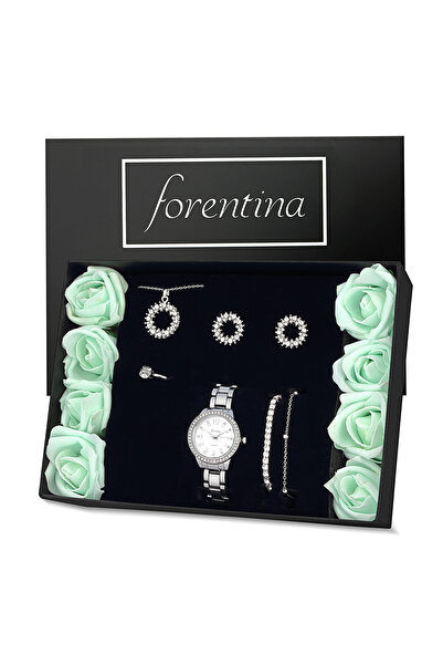 Forentina Gümüş Kaplama Taşlı Kolye Küpe Yüzük Bileklik Saat Yapay Güllü Kutu...