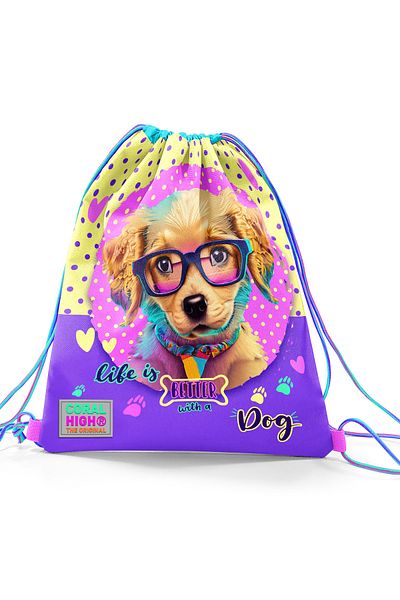 Coral High Yellow Pink Dog Pattern Drawstring Drawstring Backpack for Kids - 12646