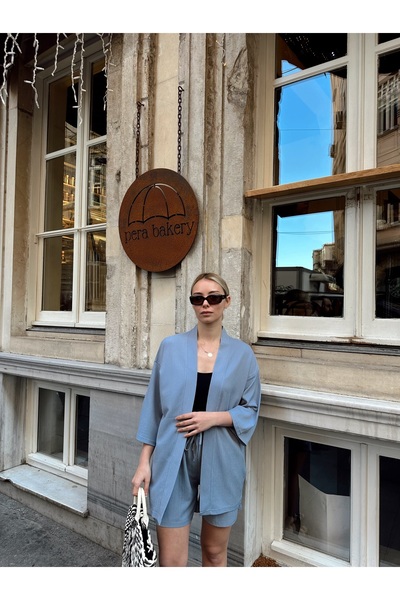 AFROGİYİM Women's Print Low Shoulder Kimono Set with Shorts