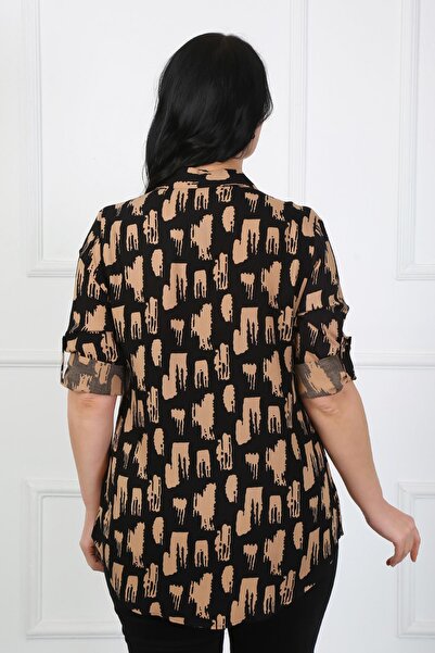 By Alba Collection Large Size Tan Patterned Cotton Viscose Women's Shirt