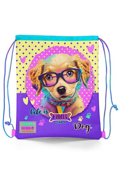 Coral High Yellow Pink Dog Pattern Drawstring Drawstring Backpack for Kids - 12646