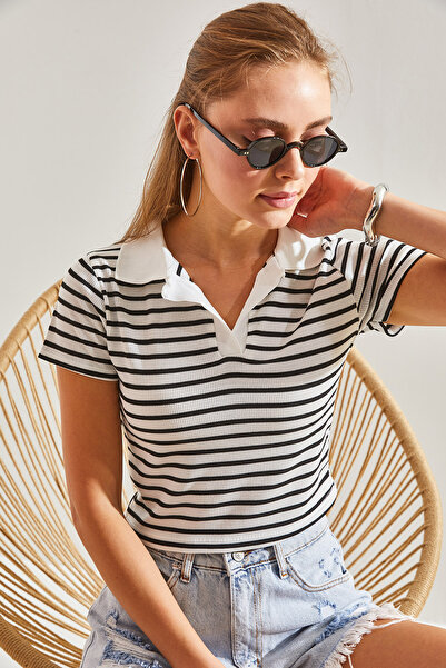 Bianco Lucci Women's Polo Neck Striped Blouse