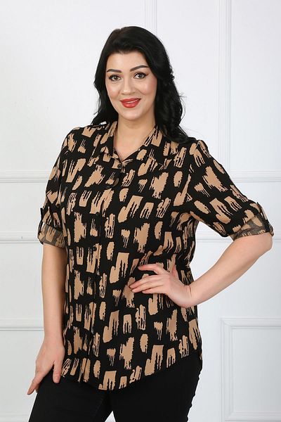 By Alba Collection Дамска риза от памук и вискоза с кафяви шарки, големи размери