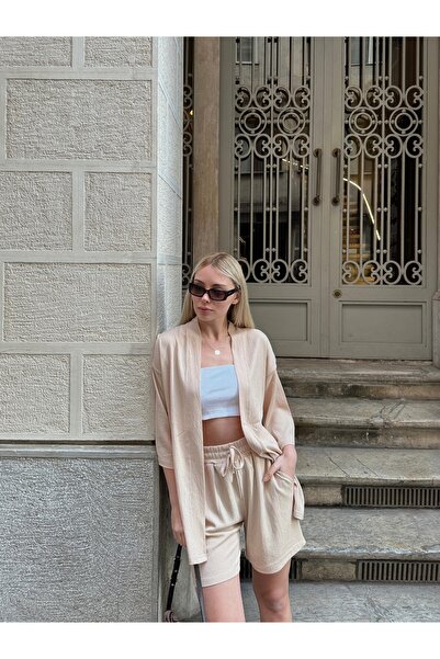 AFROGİYİM Women's Print Low Shoulder Kimono Set with Shorts