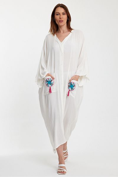 Denismoda Rochie cămașă din viscoză pentru femei, cu detaliu de broderie pe spate și buzunare