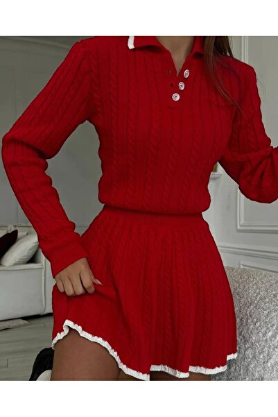 İKRAFASHİON The Women's Polo Collar Stylish Sweater Skirt is a Double Knitwear Set Lycra.