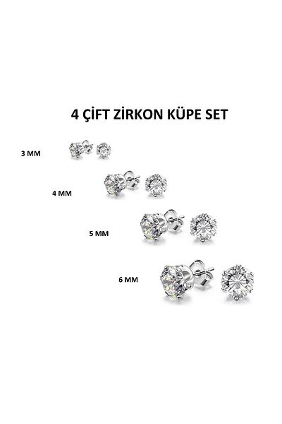 Öte Beri Hayallerin Ötesi 316l Surgical Steel Antiallergic Unisex 3mm, 4mm, 5mm, 6mm Square Zircon 4 Pairs Earrings Set