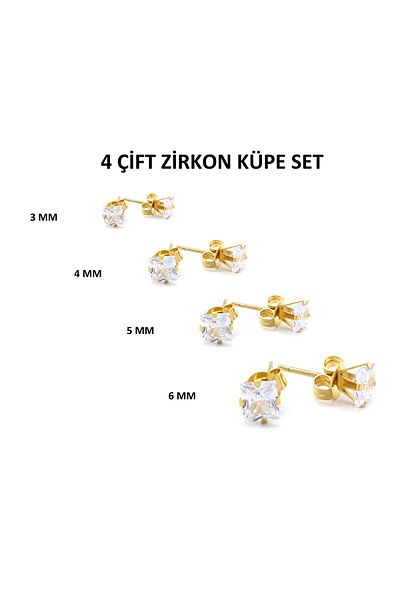Öte Beri Hayallerin Ötesi Unisex 316l Surgical Steel - Antiallergic, 3mm, 4mm, 5mm, 6mm Square Zircon Double Earring Set