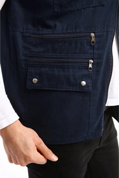 Cull Синій чоловічий жилет з безліччю кишень з льону