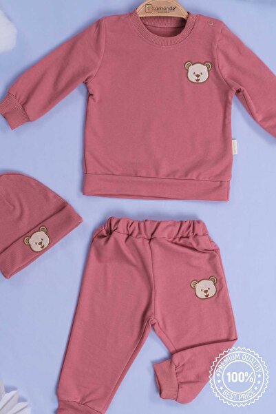 Lamonde Ayıcık Nakışlı Unisex 3'lü Eşofman Bereli 9-12-18-24 Ay