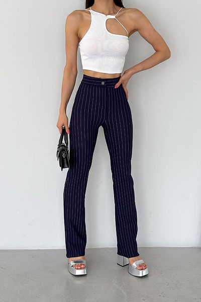 Deafox Navy Blue Imported Crepe Striped Trousers