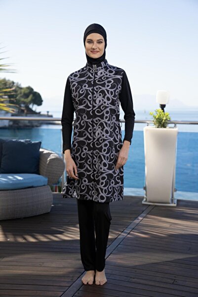 Estiva Γυναικείο μαγιό Hijab με φερμουάρ με κυματιστό σχέδιο μαύρο