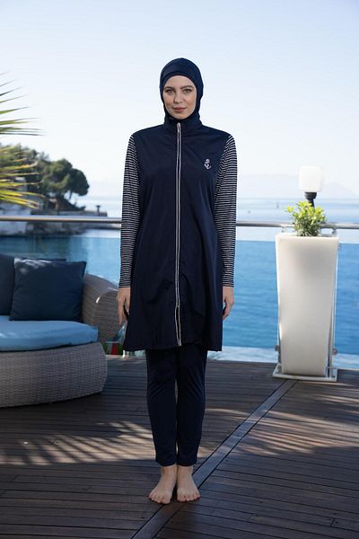 Estiva Women's Full Covered Zippered Sailor Patterned Hijab Swimsuit Navy Blue