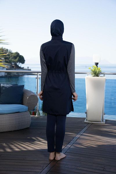 Estiva Women's Full Covered Zippered Sailor Patterned Hijab Swimsuit Navy Blue