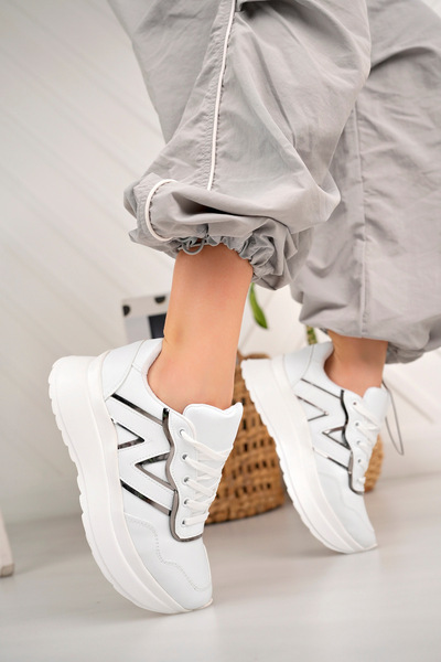 Nexs Pantofi sport cu șireturi pentru femei, piele albă, cu talpă curbată