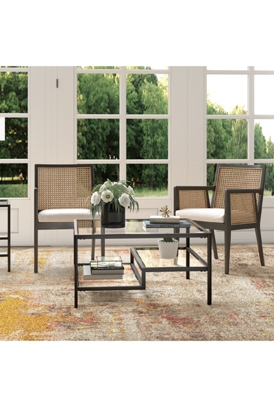 TOLIAHOME Modern Siyah Renk Raflı Metal İskeletli Temper Camlı Kare Orta Sehpa