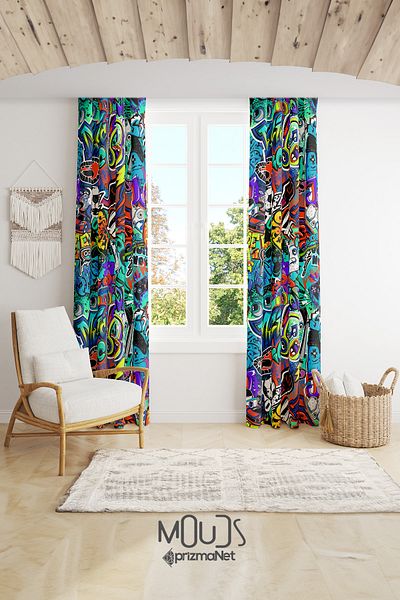 Moud's Graffiti Patterned Background Curtain Youth Room Living Room Suede Printed Extrafor Drawstring 2 Sash PRD-2006
