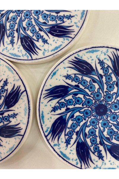 Eren Çini Seramiği 3 Pieces 9 cm Tile Patterned Ceramic Coasters