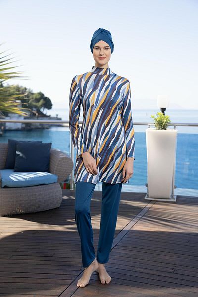 Estiva Women's Full Covered Patterned Hijab Swimsuit Petrol