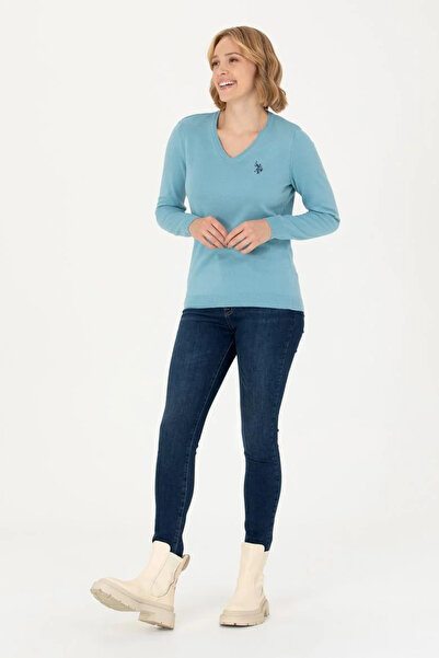 U.S. Polo Assn. Kadın V Yaka Basic Kazak %100 Pamuk