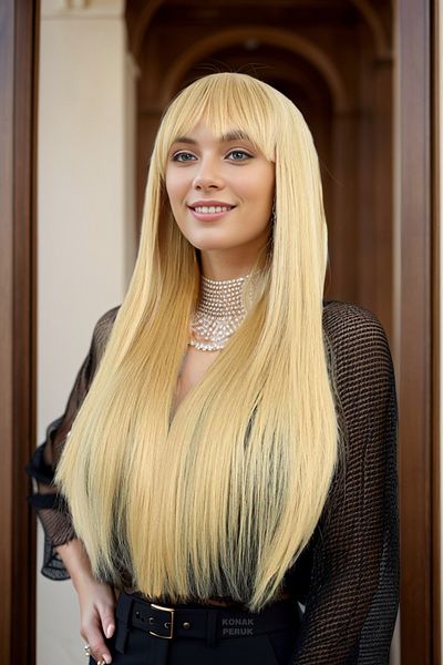 KONAK PERUK Yellow Fiber Synthetic Long Bangs Wig