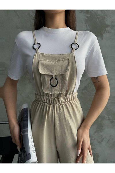 MsLena Butik Comfortable Women's Jumpsuit with Aerobin Fabric - Strap, Pocket and Ring Detail, Elastic Waist Stone Mi260-12161